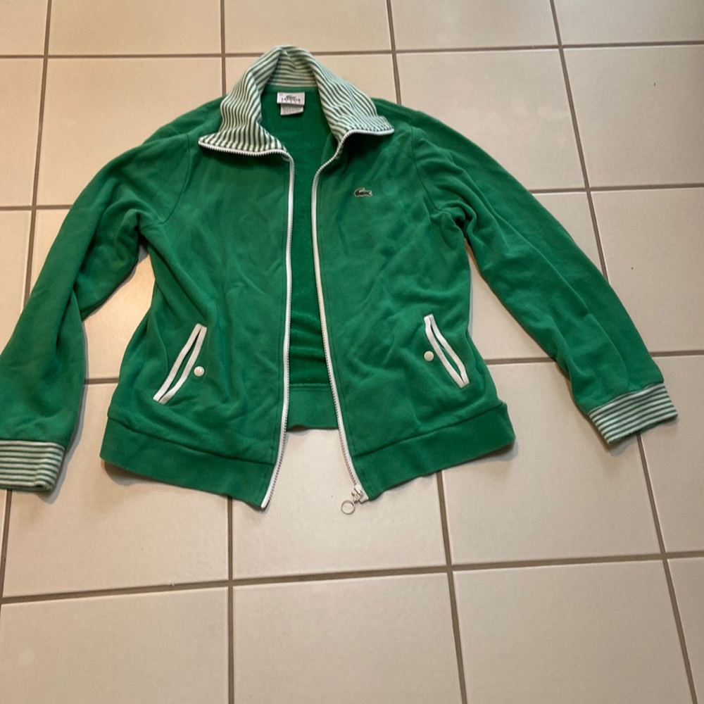 Lacoste sweatshirt green with green and white stripes on colors and sleeves